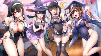 4girls bare_shoulders black_choker black_hair black_horns black_sleeves black_tail black_thighhighs black_vest breast_curtains breasts brown_hair character_request china_dress chinese_clothes choker cleavage_cutout closed_mouth clothing_cutout commentary_request covered_navel demon_tail detached_sleeves dress fake_horns fake_tail halloween halloween_costume hat heart_cutout horns indoors jiangshi_costume large_breasts leaning_forward long_hair looking_at_viewer medium_breasts multiple_girls ofuda open_mouth outstretched_arms own_hands_together panties pelvic_curtain pink_eyes purple_dress purple_eyes purple_hat seifuku_kanojo seifukubu_love short_hair side-tie_panties smile standing standing_on_one_leg tail tamayori_himari thighhighs twintails underwear vest witch_hat zombie_pose