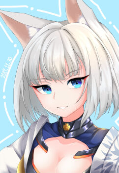1girl absurdres animal_ear_fluff animal_ears azur_lane blue_background blue_eyes breasts cleavage commentary dated eyeliner fox_ears highres kaga_(azur_lane) light_smile looking_at_viewer makeup medium_breasts mixed-language_commentary red_eyeliner sakuramon short_hair simple_background solo upper_body vaviva white_hair