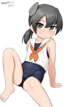 Rule 34 | 1girl, absurdres, black hair, black one-piece swimsuit, commentary request, dated, feet out of frame, grey eyes, headgear, highres, i-41 (kancolle), invisible chair, kantai collection, low ponytail, maru (marg0613), neckerchief, old school swimsuit, one-hour drawing challenge, one-piece swimsuit, orange neckerchief, ponytail, sailor collar, sailor shirt, school swimsuit, shirt, simple background, sitting, sleeveless, sleeveless shirt, solo, swimsuit, twitter username, white background, white sailor collar