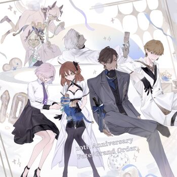 3girls 4boys ahoge alternate_costume animal animal_on_lap anniversary black_choker black_gloves black_pantyhose black_ribbon black_shirt black_shoes black_skirt black_socks blue_streaks boy_vajra_(celebratory_attire)_(fate) boy_vajra_(fate) buttons cat cat_on_lap chaldea_logo champagne_bottle choker closed_eyes closed_mouth collared_shirt collared_shrug colored_skin commentary copyright_name cosmo_sphinx cowboy_shot cup dark-skinned_male dark_skin dress earrings english_text fate/grand_order fate_(series) feet_out_of_frame foot_out_of_frame formal_clothes fujimaru_ritsuka_(female) fujimaru_ritsuka_(female)_(fgo_fes._2025) full_body gilgamesh_(fate) girl_vajra_(celebratory_attire)_(fate) girl_vajra_(fate) gloves grey_pants grey_skin grey_suit hair_over_one_eye high_heels highres holding holding_cup indra_(celebratory_attire)_(fate) indra_(fate) jacket jewelry layered_skirt long_sleeves looking_at_animal looking_at_another looking_at_viewer looking_back looking_down lower_teeth_only mash_kyrielight mash_kyrielight_(fgo_fes._2025) medium_hair multiple_boys multiple_girls multiple_necklaces multiple_rings necktie official_alternate_costume on_lap open_mouth ozymandias_(fate) pants pantyhose petting pink_jacket print_jacket purple_necktie ribbon ring shirt shoes short_hair shrug_(clothing) side_ponytail skirt smile smirk socks star_(symbol) suit symbol-only_commentary teeth thigh_strap waist_ribbon white_dress white_pants white_shirt white_shrug white_suit wo_do
