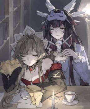 Rule 34 | 2girls, bare shoulders, black collar, black hair, black sleeves, bonnet, book, bookshelf, breasts, brown hair, candle, candlelight, candlestand, chair, cleavage, closed eyes, closed mouth, collar, columbina (genshin impact), cup, detached collar, detached sleeves, eye mask, gem, genshin impact, gloves, hair ornament, hair ribbon, hashtag-only commentary, head wings, headdress, highres, long hair, long sidelocks, long sleeves, mask, momorin 0808, multicolored hair, multiple girls, multiple wings, open mouth, pajamas, paper, plate, purple hair, purple pajamas, purple streaks, red gem, ribbon, sandrone (genshin impact), saucer, see-through clothes, see-through mask, short hair, short hair with long locks, sidelocks, sleep mask, sleeping, sleeping upright, sleepwear, smile, streaked hair, tea, teacup, two-tone hair, very long hair, white gloves, white headdress, white mask, white wings, wing hair ornament, wings, x-shaped eyewear