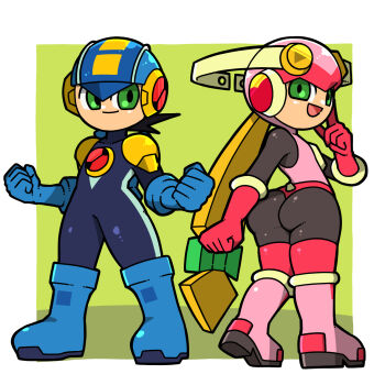 1boy 1girl :d ass black_bodysuit black_hair blonde_hair blue_footwear blue_gloves blue_helmet bodysuit boots bow closed_mouth gloves green_bow green_eyes hair_bow helmet highres long_hair low-tied_long_hair mega_man_(series) mega_man_battle_network_(series) megaman.exe name_omoitukan2 open_mouth pink_boots pink_helmet red_gloves red_thighhighs roll.exe_(mega_man) short_hair smile thick_lineart thighhighs