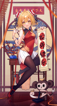 1girl :d x_mouth acfun acfun_girl black_bow black_thighhighs blonde_hair bow breasts bun_cover calligraphy calligraphy_brush china_dress chinese_clothes chinese_new_year chinese_zodiac covered_navel coviet double_bun dress fishnet_thighhighs fishnets full_body hair_bow hair_bun hands_up high_heels highres holding holding_brush holding_scroll indoors inkstick inkstone looking_at_viewer medium_breasts monkey on_table open_mouth paintbrush plant potted_plant red_dress red_footwear reflective_floor scroll shoe_dangle short_hair sitting skirt skirt_under_dress sleeveless sleeveless_dress smile snake solo sweat table thighhighs white_skirt wooden_floor year_of_the_snake yellow_eyes