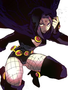 1girl absurdres belt black_boots boots cape dc_comics fishnet_pantyhose fishnets gem high_heel_boots high_heels highres hood hood_up isaacchief300 jewelry leotard pantyhose purple_boots purple_cape purple_eyes purple_hair purple_leotard purple_lips raven_(dc) simple_background sleeved_leotard solo teen_titans thigh_boots white_background