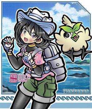Rule 34 | 1girl, backpack, bag, beak, bird, black bodysuit, black hair, blue sky, blush, bodysuit, bodysuit under clothes, browt, cloud, commentary, english commentary, female protagonist (pokemon ww), floral print shirt, gloves, green shorts, grey eyes, hat, holding, holding poke ball, layered sleeves, long sleeves, nintendo, ocean, one eye closed, open mouth, partially fingerless gloves, pink shirt, poke ball, poke ball (basic), pokemon, pokemon (creature), pokemon ww, shirt, short hair, short over long sleeves, short sleeves, shorts, sky, smile, talons, thaumana, water, white bag, white hat, wings