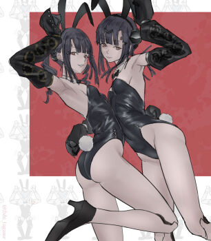 2girls animal_ear_hairband animal_ears arched_back armpits ass black_hair black_leotard blunt_bangs breasts brown_eyes commentary_request cyborg detached_collar detached_sleeves drill_hair fake_animal_ears fake_tail girls&#039;_frontline hairband highleg highleg_leotard highres joints leotard mercurows_(girls&#039;_frontline) mizukamakiri multiple_girls nimogen_(girls&#039;_frontline) nyto_(girls&#039;_frontline) playboy_bunny rabbit_ear_hairband rabbit_ears rabbit_tail red_background robot_joints small_breasts standing standing_on_one_leg strapless strapless_leotard tail twin_drills