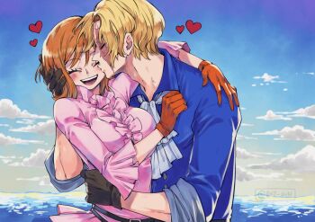 1boy 1girl arm_around_shoulder ascot blonde_hair blue_shirt blue_sky blush breasts brown_gloves closed_eyes cloud cloudy_sky collared_shirt commentary commission couple english_commentary frilled_shirt frilled_sleeves frills gloves hand_on_another's_head hand_on_another's_shoulder heart hetero highres horizon hug kiss kissing_cheek koala_(one_piece) large_breasts ocean one_piece open_mouth orange_hair outdoors pink_shirt red_gloves rusky sabo_(one_piece) scar scar_on_face shirt short_hair sky sleeves_rolled_up upper_body white_ascot