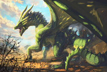 absurdres backward-facing_horns claws creature dragon dragon_claw dragon_wings fantasy forest highres horns monster monster_focus nature no_humans original outdoors robuja scales scenery sharp_teeth sky spread_wings tail teeth western_dragon wings