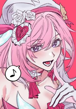1girl beret breasts cleavage commentary_request elysia_(hi_love_elf)_(honkai_impact) elysia_(honkai_impact) hat highres honkai_(series) honkai_impact_3rd korean_commentary large_breasts long_hair looking_at_viewer multicolored_hair musical_note open_mouth pink_background pink_hair purple_eyes simple_background solo spoken_musical_note tthhdddd two-tone_hair upper_body very_long_hair white_hair
