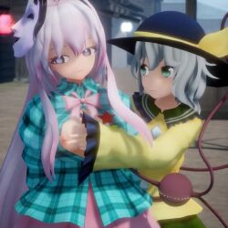 2girls 3d angry animated breasts chinese_lantern expressionless grabbing_another's_breast green_eyes green_hair grey_eyes groping hat hat_ribbon hata_no_kokoro komeiji_koishi lantern long_hair looking_at_another looking_away looking_to_the_side maloxx1 mask medium_breasts multiple_girls nipple_stimulation nipple_tweak nipples open_clothes outdoors pink_hair public_indecency ribbon short_hair smile tagme teasing third_eye touhou video yuri