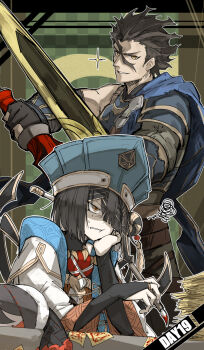 1boy 1girl armor asymmetrical_sleeves black_hair blue_scarf character_doll checkered_background chinese_clothes diarmuid_ua_duibhne_(fate) diarmuid_ua_duibhne_(saber)_(fate) doll dual_wielding fate/grand_order fate_(series) fingerless_gloves gem gloves hair_between_eyes hair_ornament hair_over_one_eye hair_stick hand_on_own_cheek hand_on_own_face hat highres holding holding_brush holding_sword holding_weapon kankan33333 mole mole_under_eye orange_eyes outline paper_stack pauldrons scarf scribble shoulder_armor single_pauldron smile sparkle straight_hair sweat sword talisman tassel weapon white_outline xu_fu_(fate) xu_fu_(first_ascension)_(fate) yellow_eyes yu_mei-ren_(fate)