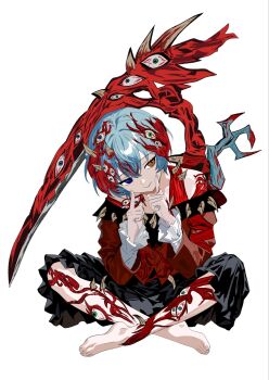 1girl 218_(niiya) angela_(project_moon) barefoot black_pants blue_eyes blue_hair e.g.o_(project_moon) extra_eyes feet fingers_to_cheeks frilled_sleeves frills heterochromia highres indian_style jacket library_of_ruina long_sleeves mimicry_(e.g.o) nothing_there off-shoulder_jacket off_shoulder pants project_moon red_jacket scythe shirt short_hair simple_background sitting smile solo white_background white_shirt yellow_eyes