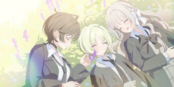 Rule 34 | 3girls, :3, ahoge, blue archive, bow, bowtie, braid, breasts, choker, choppy bangs, closed eyes, closed mouth, collared shirt, commentary, diagonal-striped bow, diagonal-striped bowtie, diagonal-striped clothes, diagonal-striped necktie, ear piercing, frown, fuyu (blue archive), grass, green bow, green bowtie, green choker, green hair, green halo, green jacket, green necktie, grey hair, grey skirt, hair bow, hair ribbon, halo, highres, huge ahoge, jacket, kaerunrun, large breasts, letterman jacket, long hair, long sleeves, loose bowtie, loose necktie, lying, miyo (blue archive), multiple girls, necktie, nose bubble, on back, on ground, on side, open clothes, open collar, open jacket, open mouth, piercing, plaid clothes, plaid skirt, print jacket, puffy long sleeves, puffy sleeves, revision, ribbon, ribbon braid, ritsu (blue archive), school uniform, shirt, short hair, sidelighting, skirt, sleeping, smile, star (symbol), star print, striped bow, striped bowtie, striped clothes, striped necktie, sunburst, sunlight, sweatdrop, unbuttoned, unbuttoned shirt, unkempt, upper body, wavy hair, white bow, white shirt