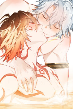 Rule 34 | 2boys, absurdres, armlet, blonde hair, blue hair, blush, chest tattoo, closed eyes, closed mouth, commentary request, gradient hair, highres, honkai: star rail, honkai (series), jewelry, jujeop, korean commentary, male focus, medium hair, multicolored hair, multiple boys, mydei (honkai: star rail), neck tattoo, no nipples, nude, pectorals, phainon (honkai: star rail), red tattoo, tattoo, upper body, yaoi