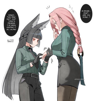 2girls animal_ears black_hair black_necktie black_pants black_skirt braid braided_ponytail breasts closed_mouth commentary dailymiyanagi english_commentary english_text fox_ears fox_girl glasses green_sweater highres hoshimi_miyabi large_breasts long_hair medium_breasts multiple_girls necktie pants pencil_skirt pink_hair red_eyes simple_background skirt smile sweater tsukishiro_yanagi white_background yuri zenless_zone_zero