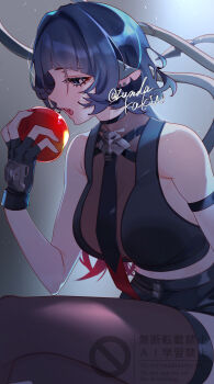1girl absurdres animal_ear_piercing animal_ears apple arm_strap bare_shoulders black_gloves black_hair black_necktie black_shorts blue_eyes breasts brown_thighhighs collarbone commentary crossed_legs fingerless_gloves food from_side fruit gloves high-waist_shorts highres holding holding_food holding_fruit jane_doe_(zenless_zone_zero) large_breasts long_hair mouse_ears mouse_girl mouse_tail multicolored_hair necktie notched_ear open_mouth red_hair red_nails red_necktie sharp_tail shorts sitting solo tail thighhighs twitter_username two-tone_necktie untranslatable_commentary very_long_tail zenless_zone_zero zunda_kaku