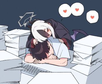 1boy 1girl arm_pillow arms_on_table black_hair black_hoodie black_horns blue_archive blue_background blush brown_hair closed_eyes commentary computer_keyboard demon_girl demon_horns demon_wings desk earclip grey_halo halo hand_on_another's_head hand_on_another's_shoulder head_rest heart hetero highres hood hoodie horns je_o_mo kayoko_(blue_archive) leaning_on_person long_hair low_wings multicolored_hair paper_stack ponytail purple_wings redrawn sensei_(blue_archive) shirt short_hair short_sleeves single_wing speech_bubble spoken_heart two-tone_hair white_hair white_shirt wings