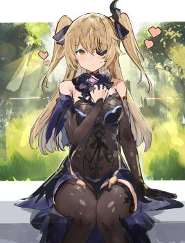 1girl bare_shoulders bat_ornament bench black_ribbon blonde_hair blush bodystocking bow bowtie breasts brown_sleeves collar dress eyepatch fischl_(genshin_impact) fishnet_top fishnets forest garter_straps genshin_impact gloves green_eyes hair_over_one_eye hair_ribbon hand_on_own_chest heart highres leotard light_rays long_hair looking_at_viewer medium_breasts nature on_bench open_mouth purple_bow purple_bowtie purple_ribbon revision ribbon single_leg_pantyhose single_sleeve single_thighhigh sitting smile solo sunlight tailcoat the_olphy thighhighs tree two_side_up