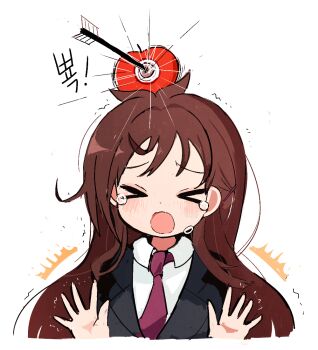 Rule 34 | > <, :o, apple, apple on head, arrow (projectile), bad id, bad pixiv id, black jacket, blazer, blush, brown hair, closed eyes, collared shirt, commentary, crying, crying with eyes open, food, food on head, fruit, hands up, idolmaster, idolmaster cinderella girls, jacket, long hair, motion lines, necktie, object on head, open mouth, seu 9 (banya), shirt, sidelocks, simple background, solo, target, tears, trembling, tsujino akari, white background