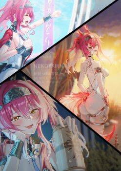 1girl armlet armor ass bare_shoulders blush bodysuit breastplate breasts can closed_eyes collar commentary_request day drink_can earrings evening green_eyes hair_ornament hairband highres holding holding_can jewelry long_hair looking_at_viewer looking_back lupa_(wuthering_waves) medium_breasts metal_collar metal_hairband multiple_views neko_fawn night open_mouth pink_hair red_pupils red_sash sash smile solo tail white_bodysuit wolf_tail wrist_guards wuthering_waves