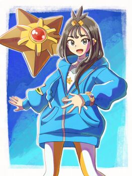 1girl black_hair blue_hoodie cube_hair_ornament earclip gen_1_pokemon grey_eyes hair_ornament highres hood hood_down hoodie leggings lida_(pokemon) long_hair long_sleeves looking_at_viewer nintendo open_mouth orange_leggings painter_rin pokemon pokemon_(creature) pokemon_legends:_z-a shirt smile staryu two-tone_legwear white_leggings wispy_bangs