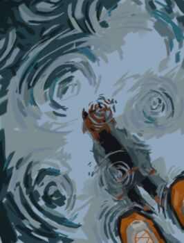 1girl a.i._voice adachi_rei black_shirt highres hirune_(suiminbusoku118) jacket open_clothes open_jacket orange_hair orange_shoes outdoors puddle rain reflection reflection_focus reflective_liquid ripples shirt shoes solo standing utau white_jacket