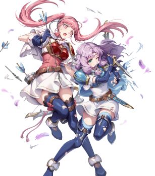 2girls armor arrow_(projectile) attack battle_damage belt black_thighhighs blue_boots blue_cape blue_gloves blue_thighhighs blush boots bow_(weapon) breastplate breasts brown_belt cape circlet closed_mouth dagger damaged dress elbow_gloves fighting_stance fingerless_gloves fire_emblem fire_emblem:_the_blazing_blade fire_emblem:_three_houses fire_emblem_heroes florina_(fire_emblem) florina_(skyward_wings)_(fire_emblem) gloves gomashio_ponz green_eyes hairband headband highres hilda_valentine_goneril hilda_valentine_goneril_(skyward_wings) holding holding_bow_(weapon) holding_dagger holding_knife holding_weapon knife long_hair looking_at_viewer multiple_girls nintendo non-web_source official_alternate_costume official_art one_eye_closed open_mouth pink_dress pink_eyes pink_hair purple_hair quiver sheath short_sleeves shoulder_armor simple_background thigh_boots thighhighs torn_clothes twintails weapon white_background white_cape white_dress white_hairband white_headband