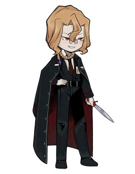 1boy alternate_costume black_coat black_pants blonde_hair braid braided_ponytail building castle chibi city coat collared_shirt evil_smile fate/grand_order fate_(series) glasses hand_on_own_hip highres holding holding_knife knife limbus_company loveedgylords male_focus michael_roa_valdamjong necktie pants project_moon red_eyes red_necktie shirt smile tarantella_(fate) vampire vest