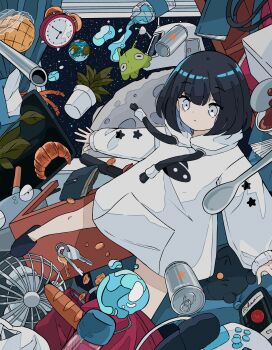 1girl absurdres alarm_clock bag_of_chips baguette black_footwear black_hair bob_cut book bottle box bread can cellphone chips_(food) clock closed_mouth coffee_mug coin commentary controller croissant cup curtains earth_(planet) electric_fan english_commentary floating food game_controller grey_eyes highres hood hood_down hoodie key melon_bread melonbread mug original phone pink_bag planet plant print_hoodie screen short_hair smartphone solo space spoon star_(symbol) star_print stuffed_animal stuffed_cat stuffed_toy tissue_box tube ufo_print wallet water water_bottle white_bag window