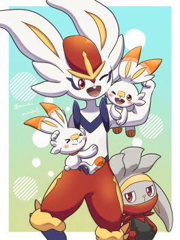 blush cinderace closed_mouth evolutionary_line furry gen_8_pokemon grey_hair highres mirukya nintendo one_eye_closed open_mouth pokemon pokemon_(creature) rabbit_ears raboot red_eyes scorbunny smile standing