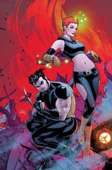 1boy 1girl arm_hair black_facial_hair black_gloves black_hair black_pants boots claws clothing_cutout comic_cover commentary earrings english_commentary facial_hair fingerless_gloves gloves gold_earrings green_eyes highres hoop_earrings implied_after_fight initial jean_grey jewelry looking_at_another looking_at_viewer marvel midriff multiple_piercings muscular muscular_male navel navel_piercing official_alternate_costume official_art orange_hair pants piercing pixie_cut red_background red_lips robot russell_dauterman sentinel_(x-men) sideburns sideburns_stubble sitting smirk stubble telekinesis thigh_cutout wolverine_(x-men) x-men yellow_boots yellow_gloves