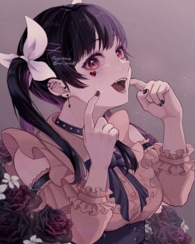 Rule 34 | 1girl, aegyo sal, amanegi toro, black flower, black hair, black rose, bow, choker, ear piercing, facial mark, fang, finger to cheek, flower, hair bow, heart, heart facial mark, highres, index finger raised, jirai kei, looking at viewer, multiple hair bows, open mouth, original, piercing, rose, solo, twintails, white flower