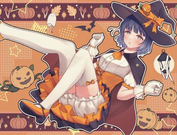 1girl absurdres bat_(animal) blouse blue_eyes blue_hair blush bow breasts cape food gakuen_idolmaster ghost halloween halloween_costume happy_halloween hat hataya_misuzu highres idolmaster jack-o&#039;-lantern pumpkin shirt short_hair skirt sorauta_(prsn7888) trick_or_treat vegetable white_shirt witch witch_hat