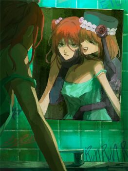 2girls bathroom beads black_eyes black_gloves capelet empty_eyes eva_beatrice evil_grin evil_smile expressionless flower frilled_capelet frills gloves grabbing_another&#039;s_face grabbing_another&#039;s_stomach green_tank_top grey_eyes grin hair_beads hair_ornament hat hat_flower hat_ribbon head_grab looking_at_another looking_at_mirror mirror multiple_girls nasu_(nasuotabe) orange_hair red_hair ribbon sink smile strap_slip tank_top umineko_no_naku_koro_ni ushiromiya_ange writing_on_wall