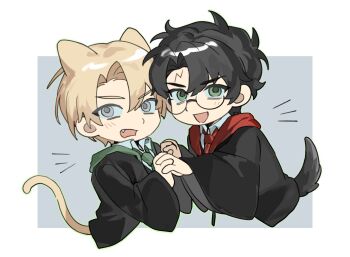 2boys animal_ears ashaoguant60501 black_hair black_robe blonde_hair chibi collar draco_malfoy eyebrows_hidden_by_hair glasses green_eyes green_necktie grey_eyes gryffindor hair_between_eyes harry_potter harry_potter_(series) hogwarts_school_uniform holding_hands lightning_bolt_symbol looking_at_viewer male_focus multiple_boys necktie open_mouth red_necktie robe scar scar_on_face scar_on_forehead school_uniform sharp_teeth slytherin tail teeth upper_body wing_collar wizarding_world