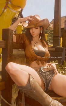 1girl against_fence alternate_costume beak belt black_hair boots breasts chocobo cleavage cowboy_boots cowboy_hat denim denim_shorts fence final_fantasy final_fantasy_vii final_fantasy_vii_remake front-tie_top hair_over_one_eye hat highres huge_breasts micro_shorts official_alternate_costume on_barrel panties panty_peek ria_(baka-neearts) short_shorts shorts sitting solo_focus spread_legs thighs thong thong_panties tifa_lockhart underwear
