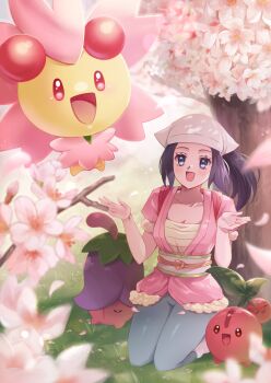 Rule 34 | 1girl, :d, absurdres, akari (pokemon), black hair, blush, breasts, cherrim, cherrim (overcast), cherrim (sunshine), cherubi, cleavage, collarbone, commentary, donutous, evolutionary line, eyelashes, falling petals, gen 4 pokemon, happy, headscarf, highres, jacket, long hair, looking up, nintendo, open mouth, pants, petals, pink jacket, pokemon, pokemon (creature), pokemon legends: z-a, sidelocks, smile, tree