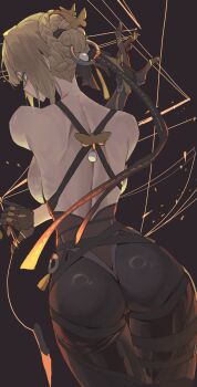 1girl ass asymmetrical_gloves back backboob bare_shoulders black_gloves black_pants blonde_hair breasts chest_harness choker earrings elbow_gloves evelyn_chevalier gloves hair_ornament harness high-waist_pants highres jewelry knife large_breasts looking_at_viewer looking_back medium_hair netural pants purple_eyes solo thighs tight_clothes tight_pants unfinished wire zenless_zone_zero