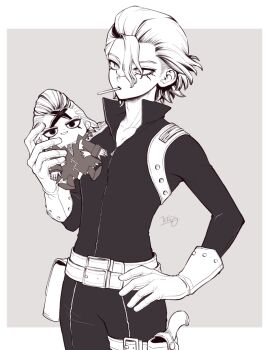 Rule 34 | 1boy, belt, black bodysuit, bodysuit, candy, character doll, cigarette, collarbone, cowboy shot, doll, dr. stone, eyelashes, facial mark, food, front zipper, gloves, greyscale, gun, hair between eyes, hand on own hip, holding, holding doll, holster, holstered, light smile, lips, lipstick, lollipop, looking at viewer, makeup, male focus, monochrome, mouth hold, ninomae gin, short hair, signature, smile, smoking, smoking pipe, solo, stanley snyder (dr.stone), stuffed toy, thigh holster, weapon, xeno (dr.stone), zipper