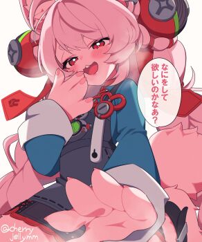 1girl animal_ears animal_hands artist_name black_dress blue_shirt blush body_fur braid commentary_request dress furry furry_female hair_ornament highres long_hair miri_(cherryjelly) open_mouth pinafore_dress pink_fur pink_hair rabbit_ears red_eyes shirt simple_background sleeveless sleeveless_dress solo speech_bubble sphere_hair_ornament tail teeth thick_eyebrows translation_request twin_braids twitter_username upper_teeth_only white_background zenless_zone_zero zhao_(zenless_zone_zero)