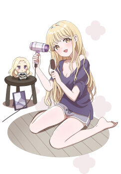 1girl :d bare_shoulders blush breasts character_doll cleavage collarbone comb commentary_request doll dolphin_shorts fang fujita_kotone gakuen_idolmaster grey_shorts hair_dryer hands_up highres holding holding_comb idolmaster juo_sena long_hair looking_at_viewer mao_xiaozha_(rumiechen) mirror off_shoulder on_floor open_mouth purple_shirt shadow shirt short_shorts short_sleeves shorts simple_background sitting small_breasts smile solo stool very_long_hair wariza white_background wooden_floor