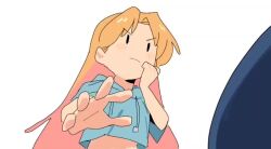 2girls animated arato_nagi ass black_hair blonde_hair blue_eyes blue_pants blue_shirt blush closed_mouth colored_tips deep_skin denim denpatou grabbing_another&#039;s_ass groping huge_ass jeans long_hair multicolored_hair multiple_girls pants ruri_no_houseki shirt simple_background tagme tanigawa_ruri video white_background yuri