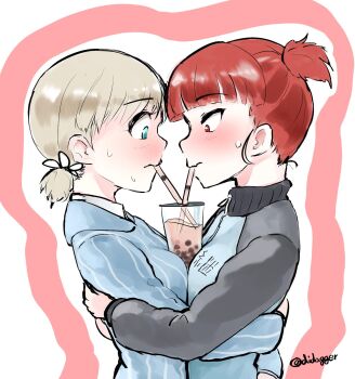 2girls aki_(girls_und_panzer) blue_jacket blue_shirt blush breasts bubble_tea_challenge closed_mouth commentary constricted_pupils cup didagger dress_shirt drinking_straw emblem from_side frown girls_und_panzer green_eyes hair_tie hand_on_own_hip highres hug iced_tea jacket keizoku_military_uniform keizoku_school_uniform light_brown_hair long_sleeves looking_down mikko_(girls_und_panzer) military military_uniform multiple_girls one-hour_drawing_challenge raglan_sleeves red_eyes red_hair school_uniform shared_drink shirt short_hair short_twintails small_breasts standing striped_clothes striped_shirt sweatdrop track_jacket twintails twitter_username vertical-striped_clothes vertical-striped_shirt white_shirt