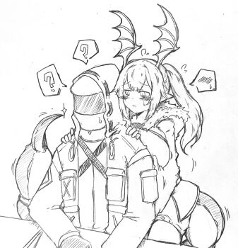 1girl 1other ? alternate_breast_size_(larger) arknights bat_wings blush breast_press breasts commentary commentary_request doctor_(arknights) dot_nose embarrassed eyebrows_hidden_by_hair flying_sweatdrops fur_trim glint graphite_(medium) hands_on_another's_shoulders hatching_(texture) head_wings highres hood hood_up hooded_jacket hug hug_from_behind jacket large_breasts linear_hatching manticore_(arknights) mask monochrome monster_girl oni_tengu pointy_ears scorpion_tail shorts spoken_blush spoken_question_mark table tail traditional_media twintails white_background wings