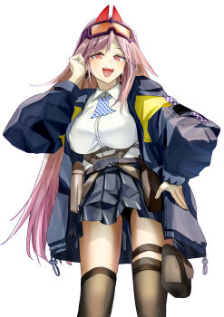 Rule 34 | 1girl, absurdres, adjusting hair, ammunition belt, ascot, black thighhighs, blue ascot, blue jacket, blue skirt, breasts, commentary request, earrings, feet out of frame, girls' frontline, goggles, goggles on headwear, hand on own hip, harness belt, highres, jacket, jewelry, long hair, long sleeves, looking at viewer, medium breasts, mole, mole under eye, open clothes, open jacket, open mouth, pink eyes, pink hair, police, police uniform, policewoman, shirt, shitamichi 4444, sig mcx (girls' frontline), simple background, skirt, smile, solo, spade (shape), spade earrings, standing, teeth, thighhighs, upper teeth only, white background, white shirt