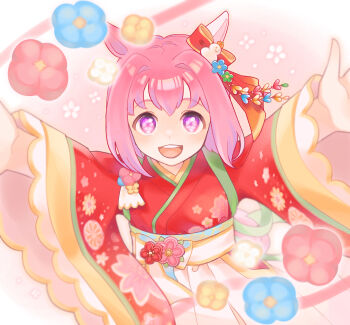 1girl absurdres animal_ears blush bow camellia_print commentary_request ear_bow ear_covers floral_print flower flower-shaped_pupils flower_in_eye hakama haru_urara_(first_urara_saku_sakura)_(umamusume) haru_urara_(umamusume) highres horse_ears horse_girl japanese_clothes kimono long_sleeves looking_at_viewer official_alternate_costume open_mouth pink_eyes pink_hair pink_hakama reaching reaching_towards_viewer red_kimono rinsuko short_hair single_ear_cover smile solo symbol-shaped_pupils symbol_in_eye teeth umamusume upper_teeth_only white_hakama wide_sleeves