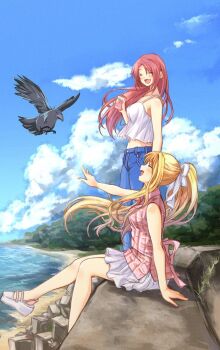 Rule 34 | 2girls, :d, ^ ^, air (visual novel), bare shoulders, bird, black bird, blonde hair, blue sky, blush, breasts, camisole, closed eyes, cloud, collared shirt, commentary request, crow, cumulonimbus cloud, day, denim, floating hair, flying, from side, full body, hair ribbon, hand up, happy, holding carton, jeans, kamio haruko, kamio misuzu, long hair, medium breasts, midriff, miniskirt, multiple girls, navel, no socks, ocean, open mouth, outdoors, outstretched arm, pants, pink shirt, plaid clothes, plaid shirt, pleated skirt, ponytail, profile, red hair, ribbon, sandals, shirt, shore, sidelocks, single hair intake, sitting, skirt, sky, smile, sora (air), standing, straight hair, very long hair, white camisole, white ribbon, white sandals, white skirt, yuinarakugaki