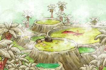 1boy afloat brown_hair bucket closed_eyes commentary_request creature fantasy green_background helmet highres koki08186863 male_focus naked_towel onsen open_mouth original outdoors outstretched_arms palm_tree partially_submerged short_hair smile solo spread_arms steam sword towel towel_around_waist tree unworn_headwear unworn_helmet weapon wide_shot wooden_bucket