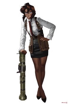 1990s_(style) 1girl at4 belt black_footwear black_hair black_skirt blue_eyes brown_belt brown_pantyhose crossed_legs cz_75 dark-skinned_female dark_skin gun gunsmith_cats hand_on_own_hip handgun highres holding holding_gun holding_weapon holster magazine_(weapon) necktie nnnmengmeng pantyhose pencil_skirt pocket pouch rally_vincent red_necktie retro_artstyle rocket_launcher shirt short_hair shoulder_holster signature skirt solo tools twitter_username weapon white_background white_shirt wrench
