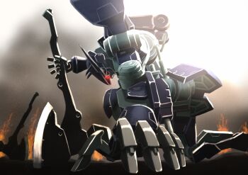 absurdres axe commentary_request deraken fire from_side graze_ein gundam gundam_tekketsu_no_orphans hand_on_floor highres holding holding_axe mecha mecha_focus mobile_suit no_humans one-eyed profile red_eyes reverse_grip robot science_fiction solo